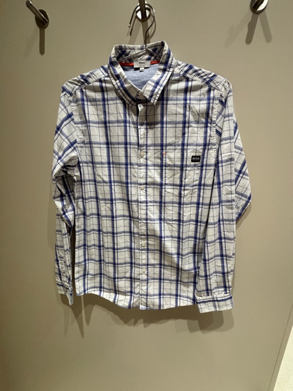 Boys Hugo BOSS White Blue Plaid Button-Down Shirt 16